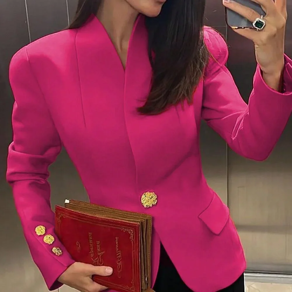 Hot Pink Elegant Women's Solid Single Button Long Sleeve Blazer - Picture 1 of 7